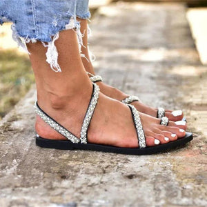 Women rhinestone ring toe strappy slip on flat beach sandals