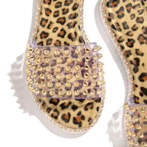 Women snakeskin leopard studded strap slides summer flat slippers
