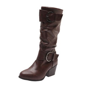 Women knee high boots vintage buckle strap slip on chunky heel boots round toe