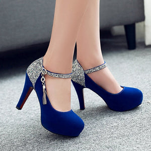 Women sequin color block pendant buckle strap dancing high heels