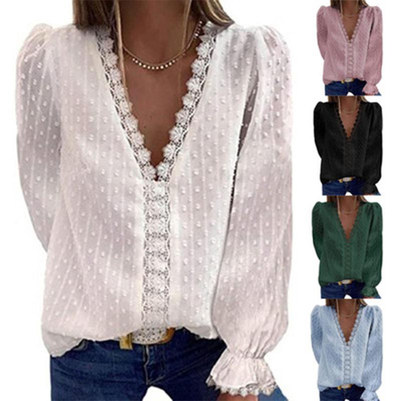 Women lace flower solid color pullover v neck tops