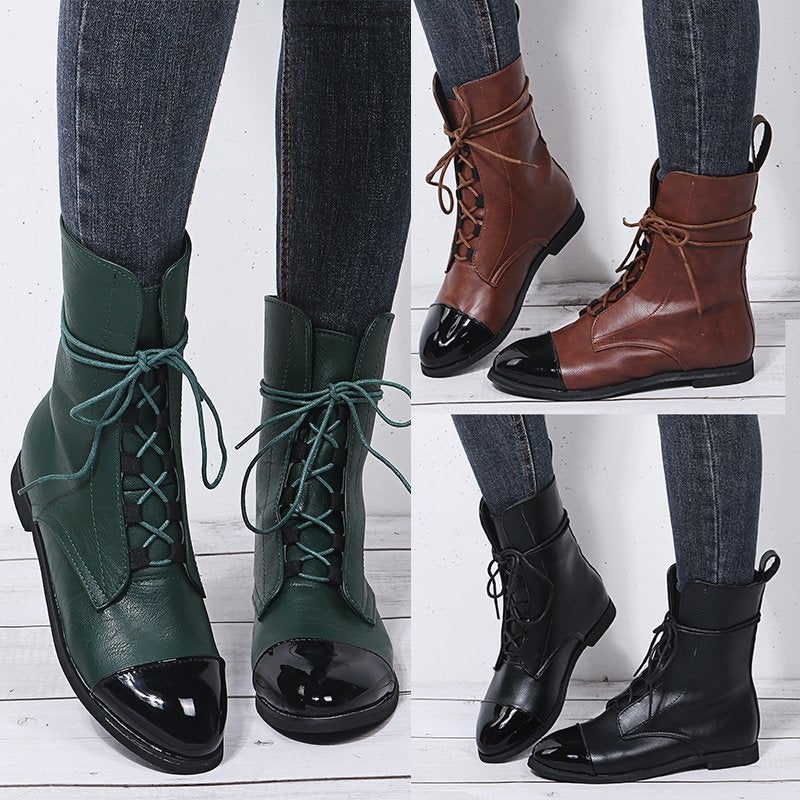 Women England style pointed toe lace up low heel booties