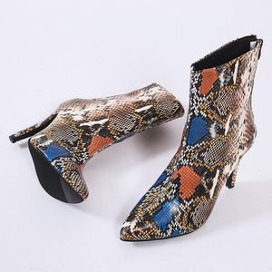 Women pointed toe stiletto high heel fashion snakeskin booties