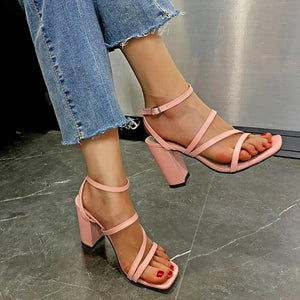 Women square open toe strappy chunky heels