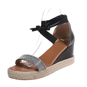 Women espadrille strappy lace up sparkly rhinestone wedge sandals