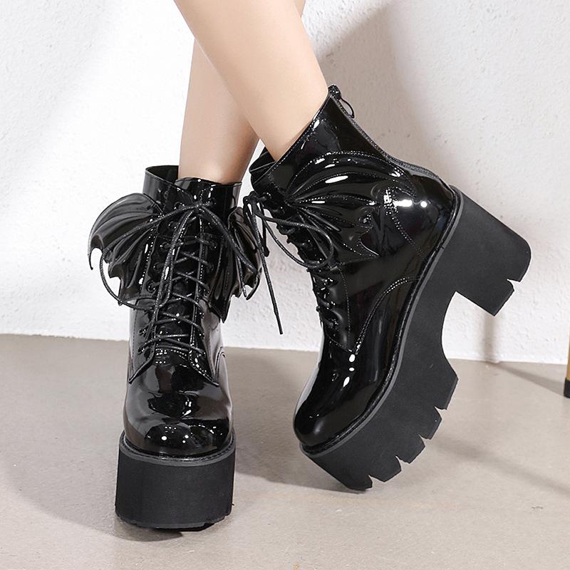 Women gothic chunky high heel platform lace up motorcyle boots with swings