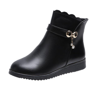 Women fashion rhinestone pendant slip on black ankle boots