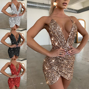 Sexy sqeuins shining  open back paghetti strap mini dress | Nightclub party bodycon cami dress
