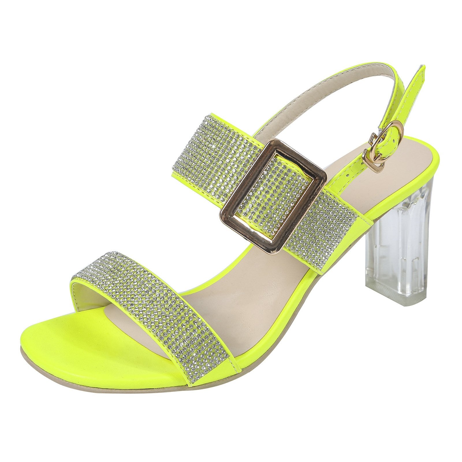 Women two strap clear chunky heel peep toe ankle strap rhinestone sandals