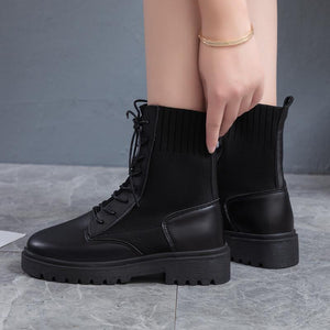 Women knit breathable chunky platform lace up short black boots