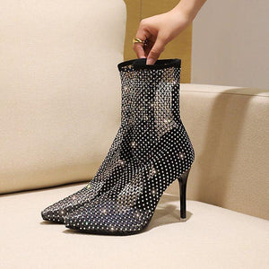 Women fishnet hollow pointed toe stiletto high heel sexy boots