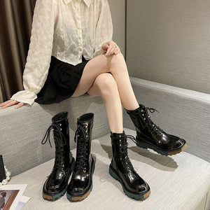 Women fashion motorcycle black lace up chunky platform boots