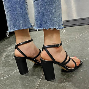 Women square open toe strappy chunky heels