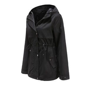 Women hoodie waist laces outdoor trench coat with pockets