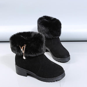 Women chunky heel rhinestone pendant faux fur short snow boots