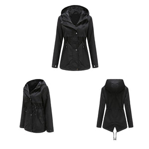 Women hoodie waist laces outdoor trench coat with pockets