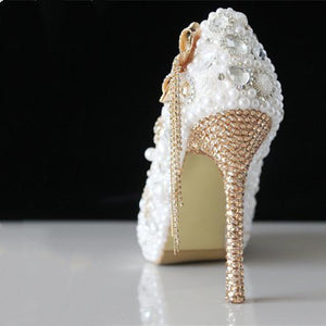 Women white rhinestone bowknot fringe gold stiletto wedding heels