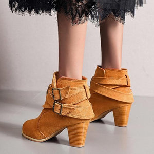 Women buckle straps back zipper chunky heeled boots