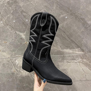 Women retro embroidered chunky heel pointed toe cowboy boots