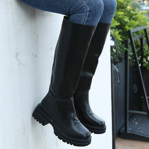 Women fashion chunky platform round toe slip on knee high boots