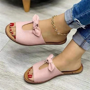 Women bow peep toe summer flat slide sandals