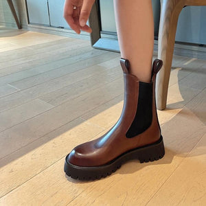 Women chunky platform round toe slip on short boots