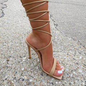 Women square peep toe criss cross lace up strappy heels
