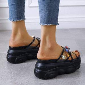 Women clear rhinestone criss cross strap thick sole slide sandals