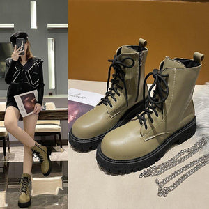 Women chain d¨¦cor chunky platform lace up short motorcycle boots