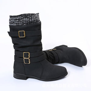 Women winter slip on chunky heel buckle straps mid calf boots