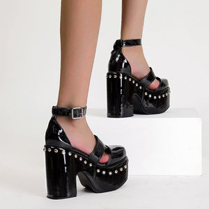 Women studded closed toe hollow balck chunky platform heels