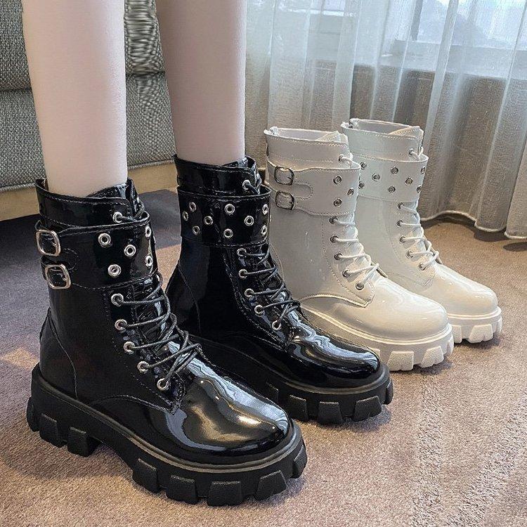 Women buckle strap lace up chunky platform motorcycle boots