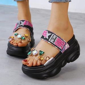 Women clear rhinestone two strap chunky platform slide sandals