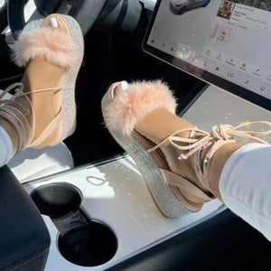 Women fluffy sparkly rhinestone platform strappy lace up sandals