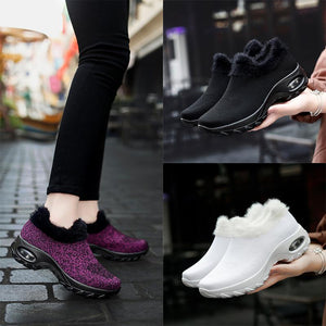 Women knit faux fur platform wedge winter fall sock sneakers