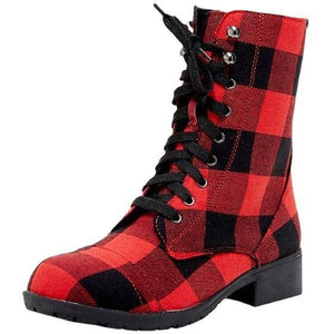 Women plaid red black chunky heel lace up mid calf boots