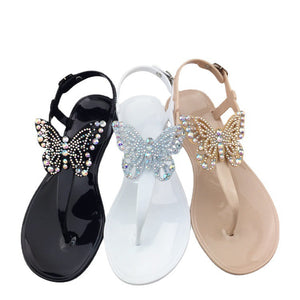 Women butterfly rhinestone buckle strap flat jelly sandals