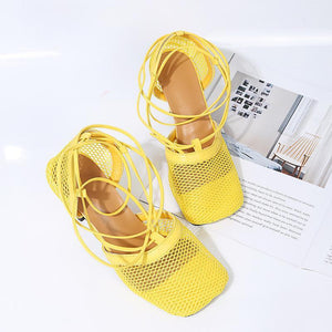 Women mesh square toe hollow breathable lace up strappy heels