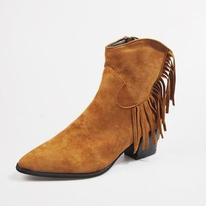 Women chunky heel pointed toe side zipper short fringe boots