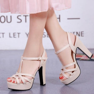 Women platform peep toe buckle ankle strap chunky heels