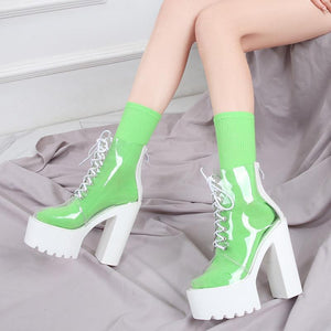 Women transparent lace up block high heel platform boots