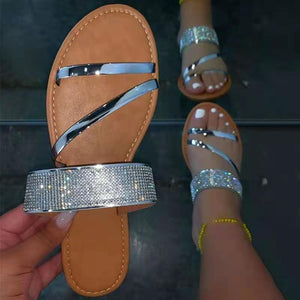 Women metallic shining peep toe flat slides