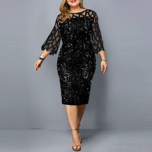 Plus size sequins bodycon midi dress | 3/4 sleeves party banquet formal evening dress