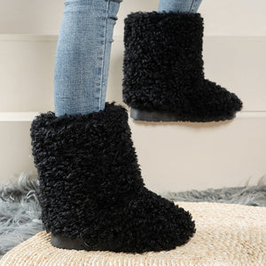 Women snow boots mid calf curly artificial fur warm boots flat heel