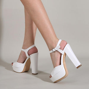Women platform peep toe ankle strap chunky heels