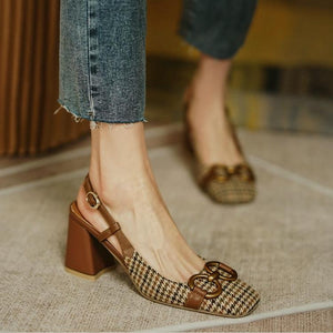 Women square close toe ring buckle ankle strap slingback chunky sandals