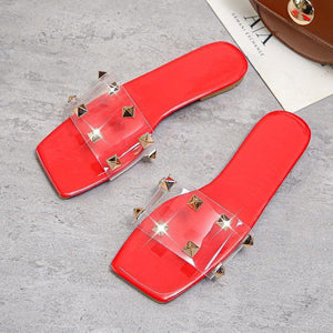 Women summer beach studded clear strap square peep toe slide sandals
