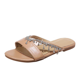 Women rhinestone strap slide flat sandals