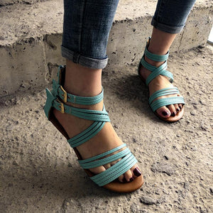 Women bohemian woven strap back zipper flat sandals