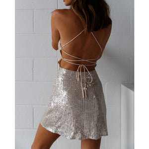 Sexy sequins shinning backless tie-up cami dress | Nightclub party mini dress